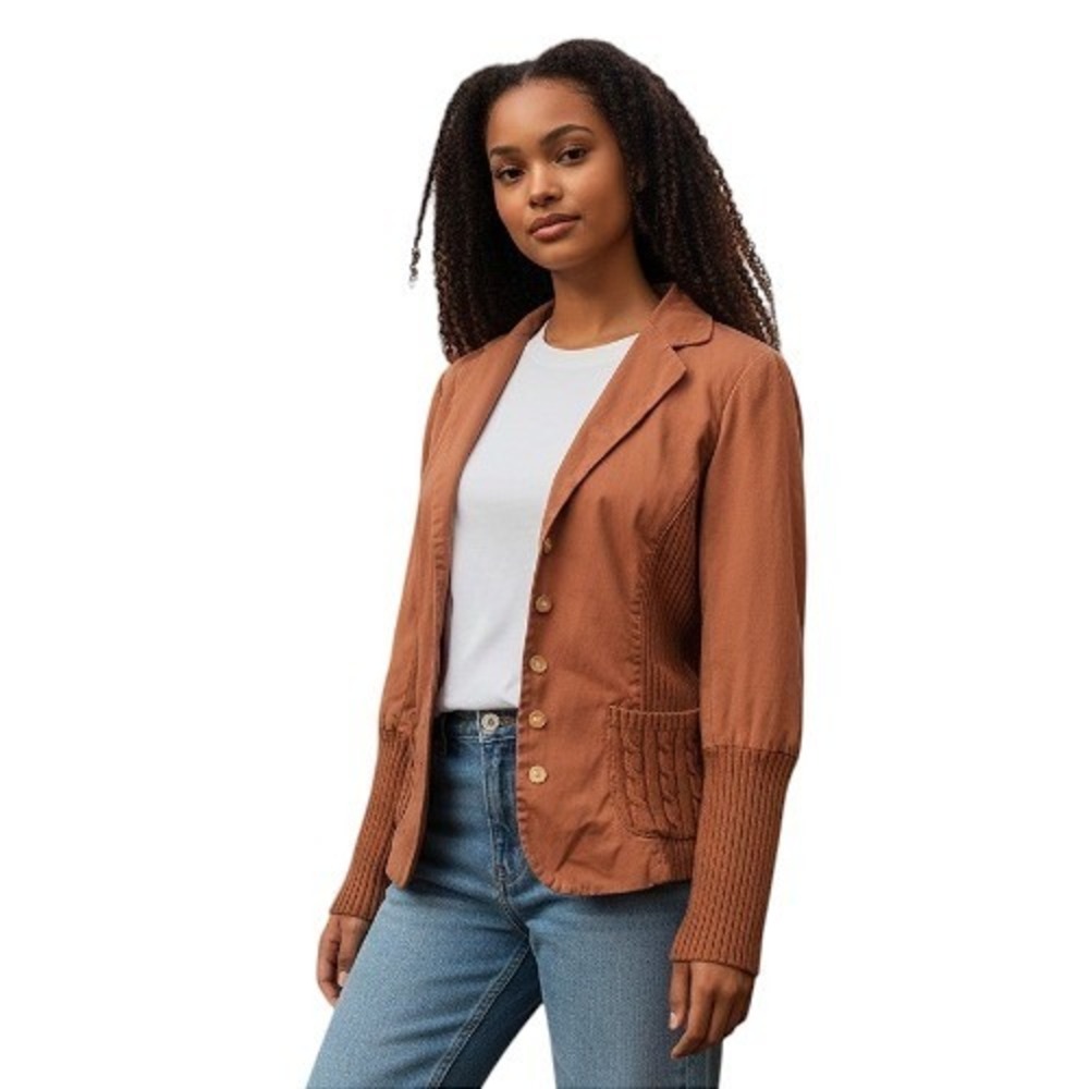 Sundance Mixed Media Knit Blazer Jacket Brown Cozy Academia Preppy Size Petite 4